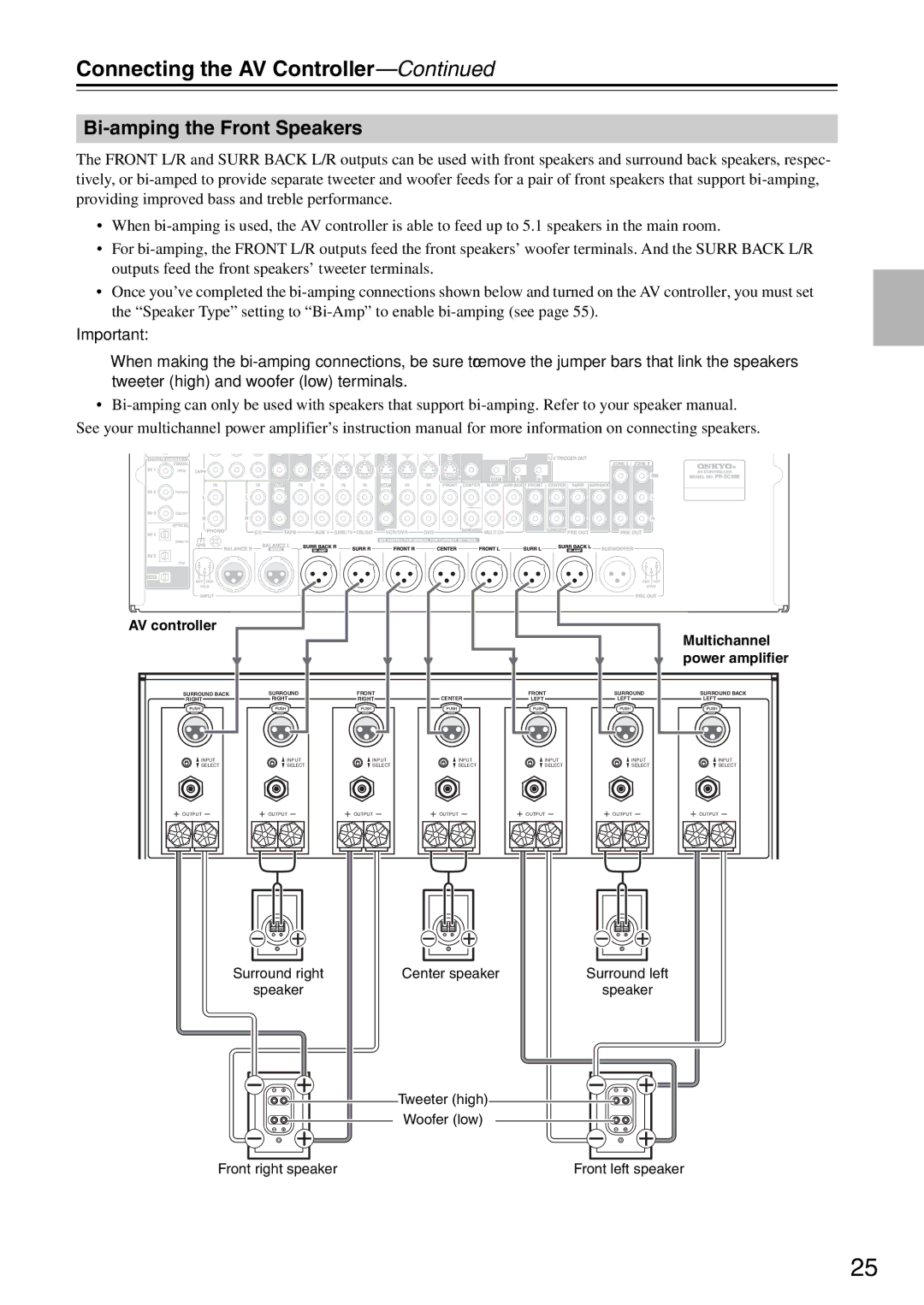 Onkyo PR-SC886 instruction manual Bi-amping the Front Speakers, AV controller 