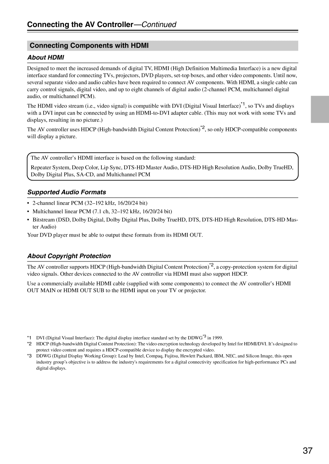 Onkyo PR-SC886 Connecting Components with Hdmi, About Hdmi, Supported Audio Formats, About Copyright Protection 