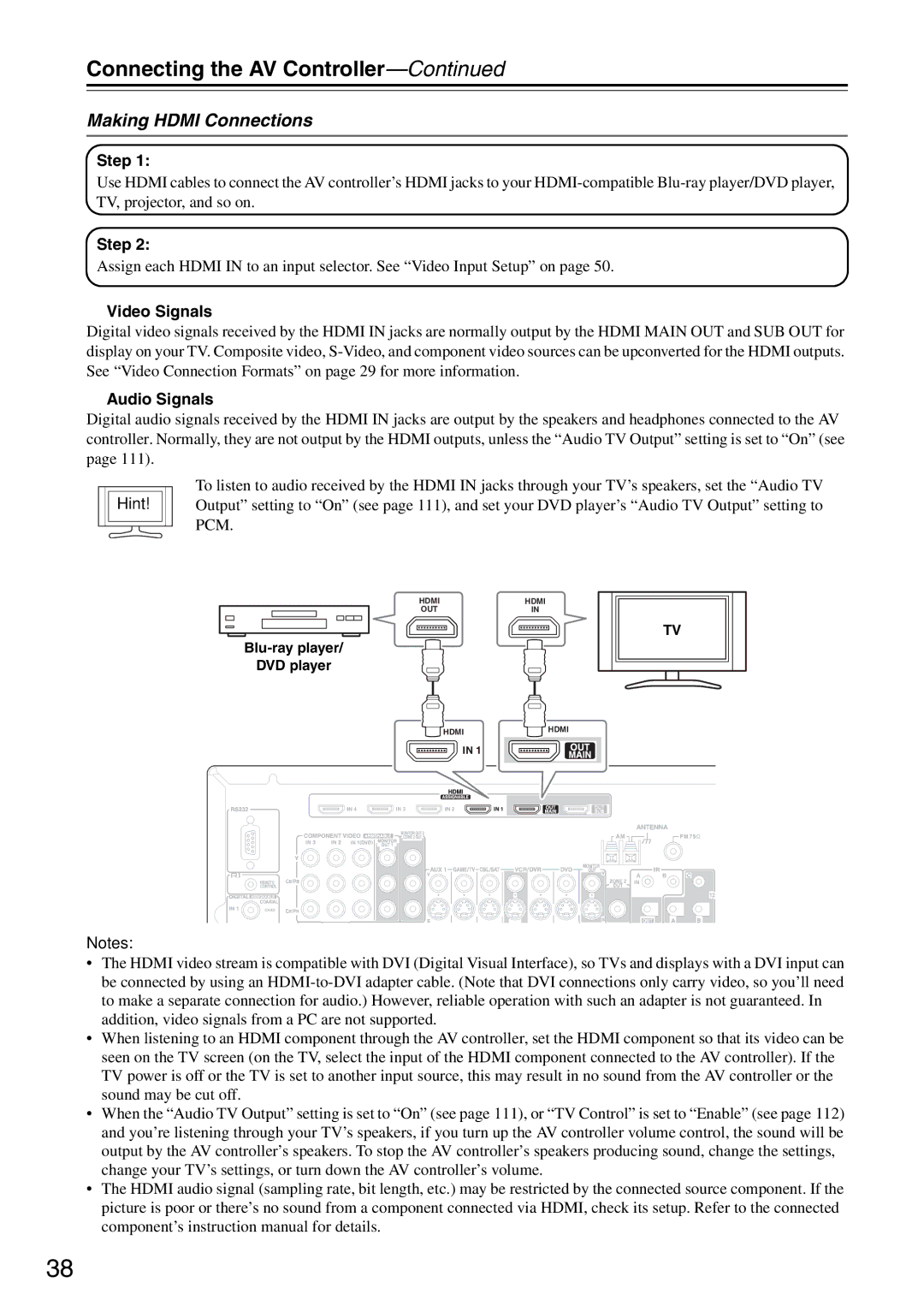 Onkyo PR-SC886 instruction manual Making Hdmi Connections, Step, Video Signals, Audio Signals, Blu-ray player DVD player 