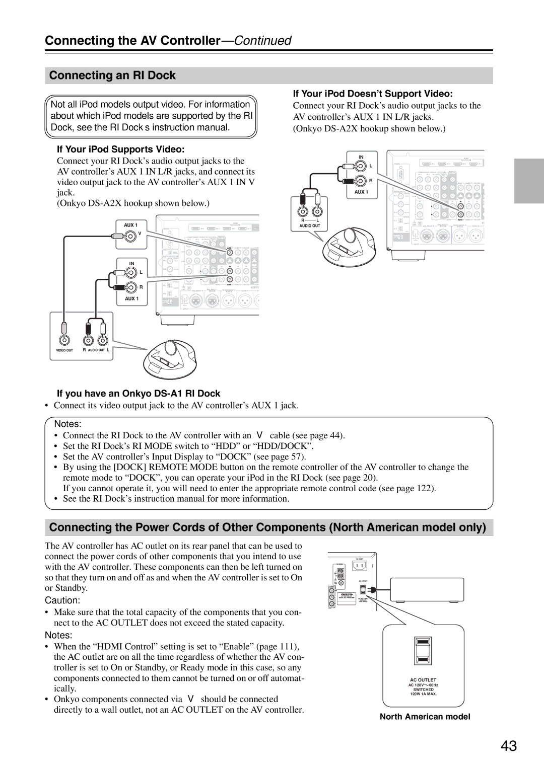 Onkyo PR-SC886 instruction manual Connecting an RI Dock, If Your iPod Supports Video, If Your iPod Doesn’t Support Video 