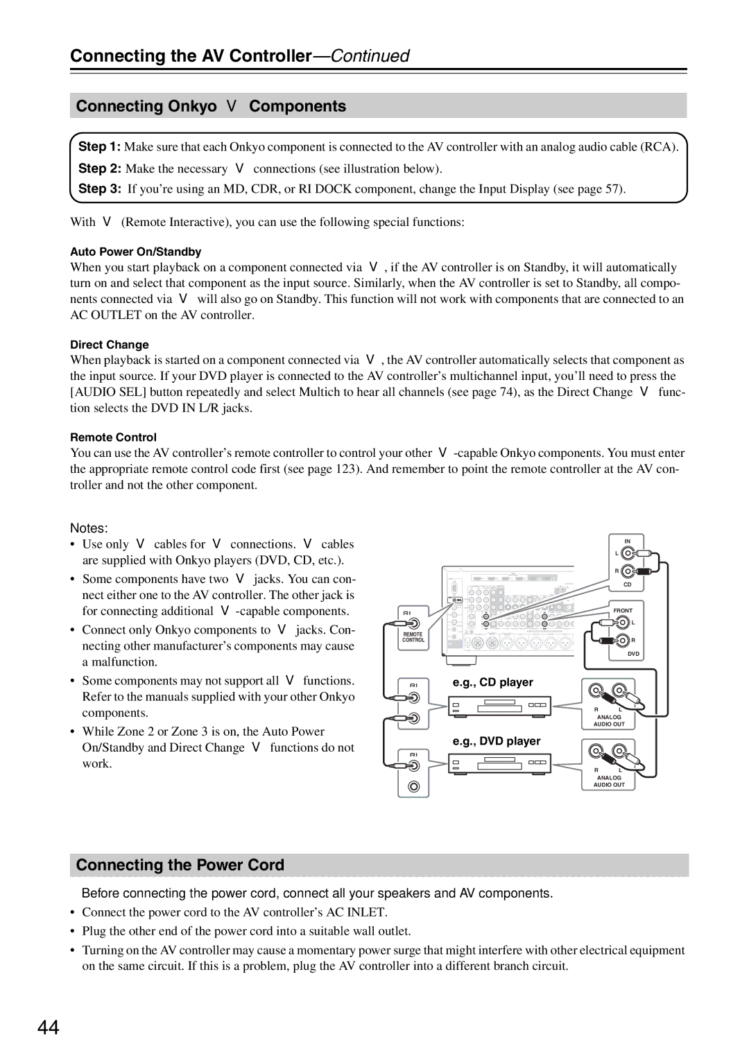 Onkyo PR-SC886 instruction manual Connecting Onkyo u Components, Connecting the Power Cord 