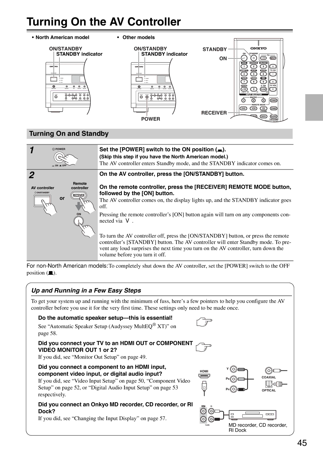 Onkyo PR-SC886 instruction manual Turning On the AV Controller, Turning On and Standby, Up and Running in a Few Easy Steps 