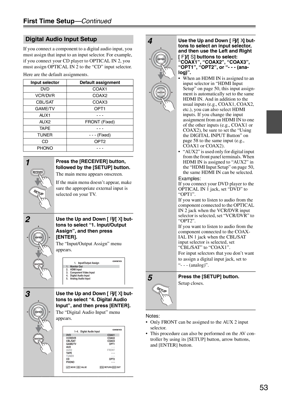 Onkyo PR-SC886 instruction manual Digital Audio Input Setup, Tons to select 1. Input/Output, Assign, and then press Enter 