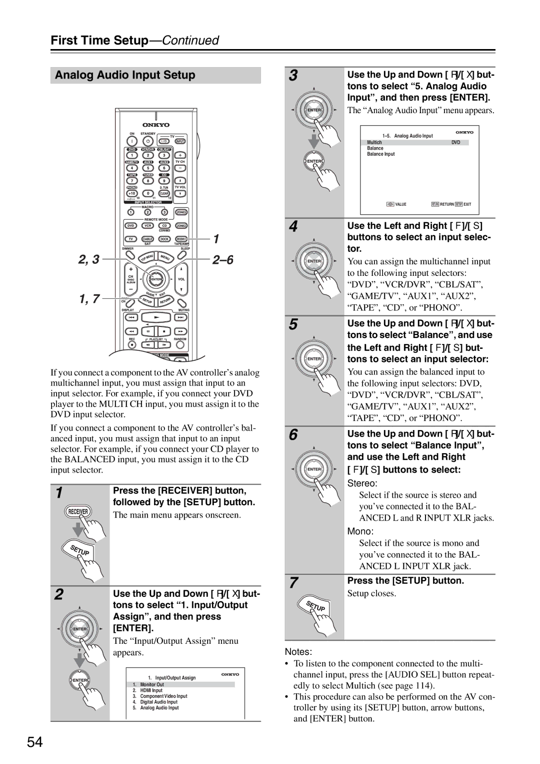 Onkyo PR-SC886 instruction manual Analog Audio Input Setup, Analog Audio Input menu appears, Stereo, Mono 