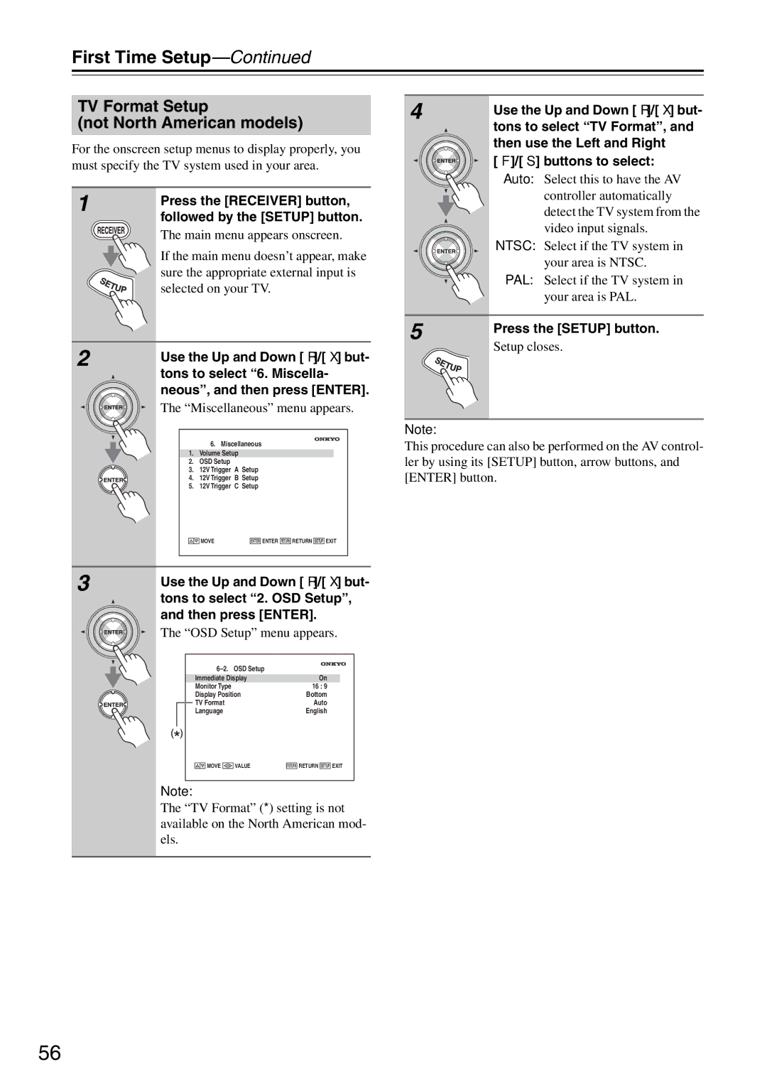 Onkyo PR-SC886 instruction manual TV Format Setup Not North American models, Tons to select 2. OSD Setup 