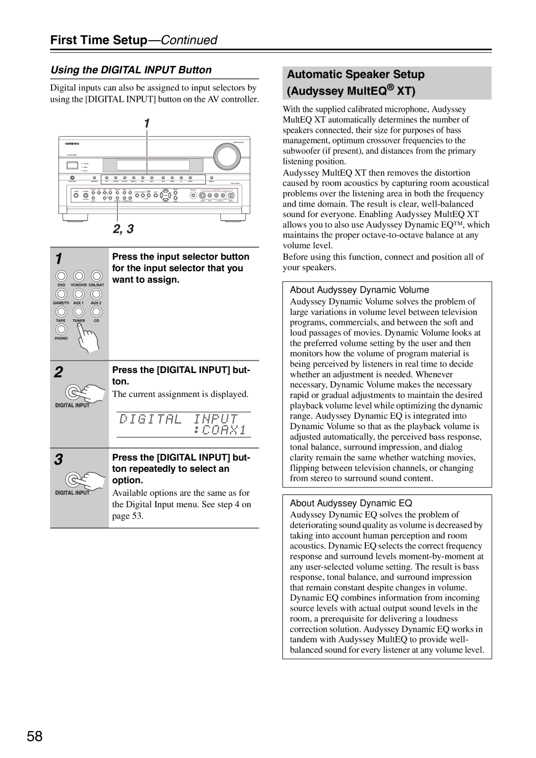 Onkyo PR-SC886 instruction manual Automatic Speaker Setup Audyssey MultEQ XT, Using the Digital Input Button 