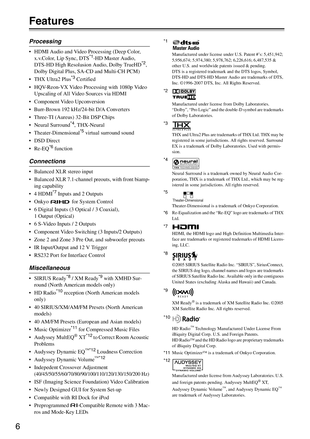 Onkyo PR-SC886 instruction manual Features, Processing, Connections, Miscellaneous 