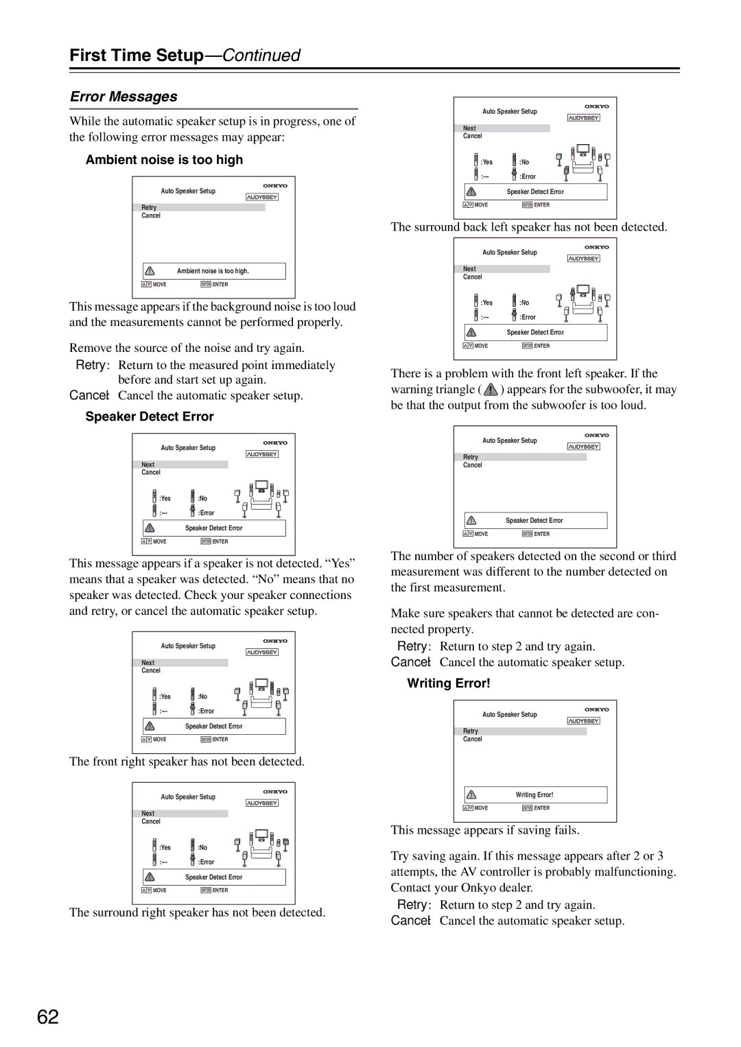 Onkyo PR-SC886 instruction manual Error Messages, Ambient noise is too high, Speaker Detect Error, Writing Error 