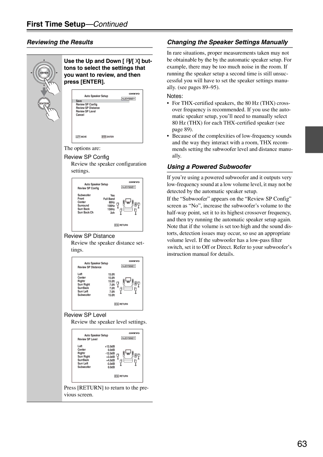 Onkyo PR-SC886 instruction manual Reviewing the Results, Changing the Speaker Settings Manually, Using a Powered Subwoofer 