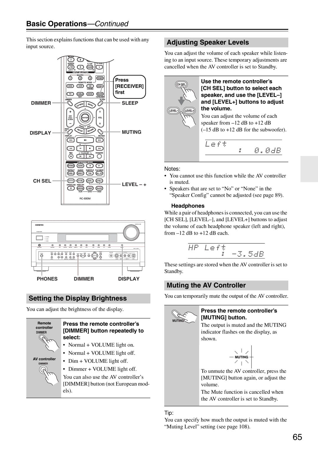 Onkyo PR-SC886 Basic Operations, Setting the Display Brightness, Adjusting Speaker Levels, Muting the AV Controller 