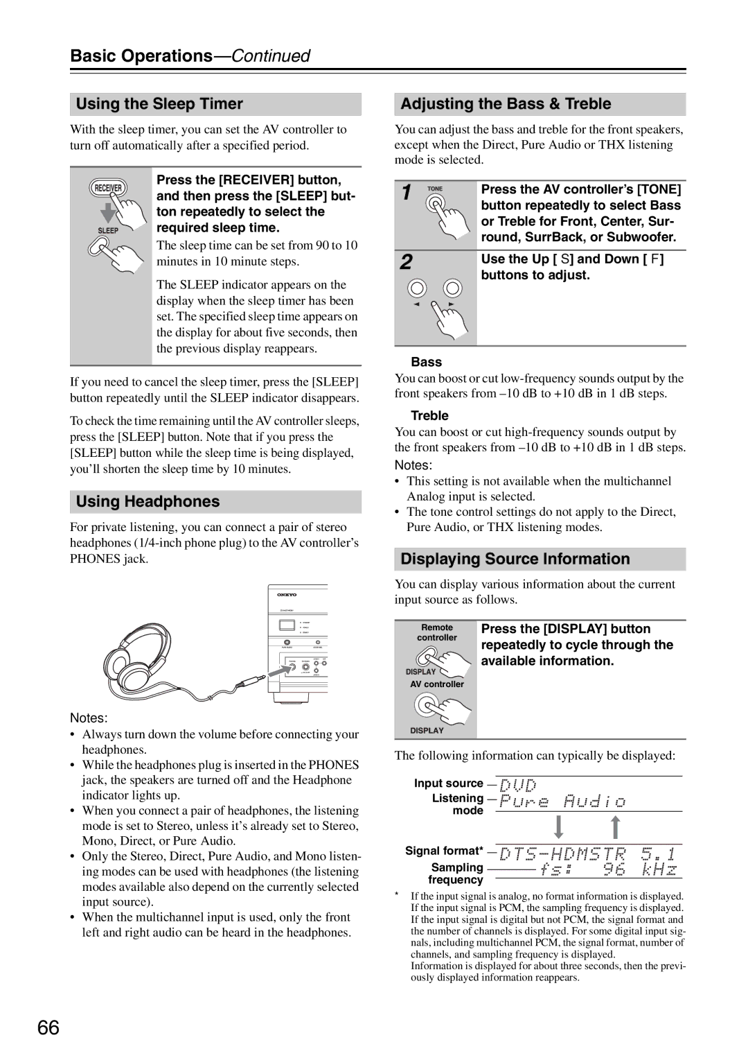 Onkyo PR-SC886 Using the Sleep Timer, Using Headphones, Adjusting the Bass & Treble, Displaying Source Information 