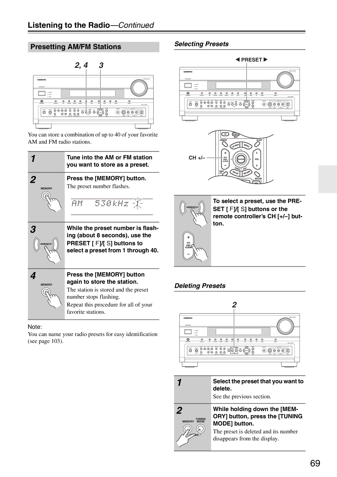 Onkyo PR-SC886 instruction manual Selecting Presets, Deleting Presets 