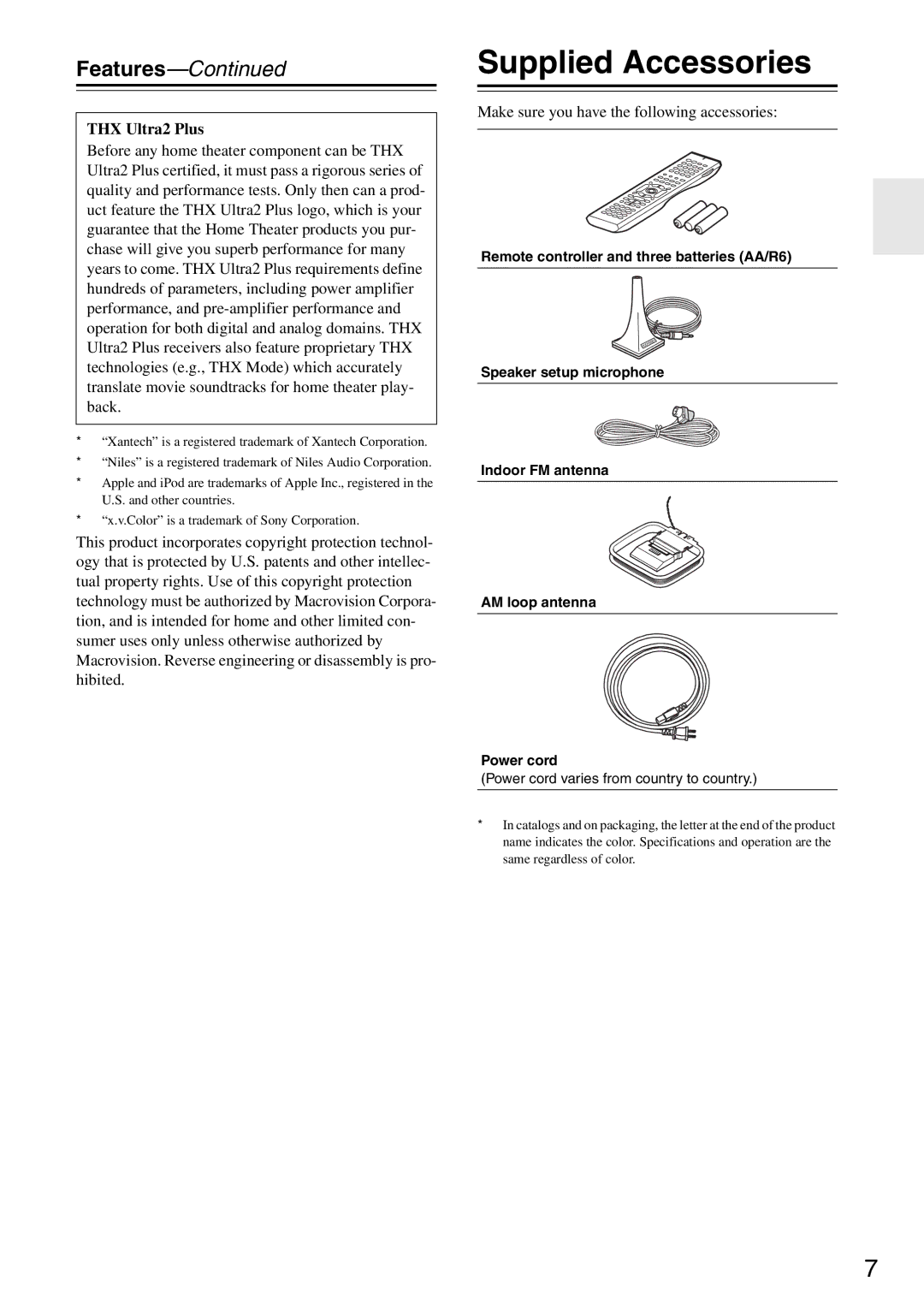 Onkyo PR-SC886 instruction manual Supplied Accessories, THX Ultra2 Plus, Make sure you have the following accessories 