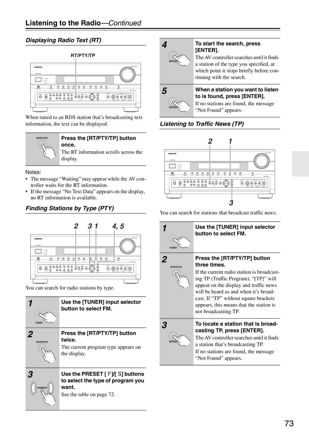 Onkyo PR-SC886 instruction manual Displaying Radio Text RT, Finding Stations by Type PTY, Listening to Traffic News TP 