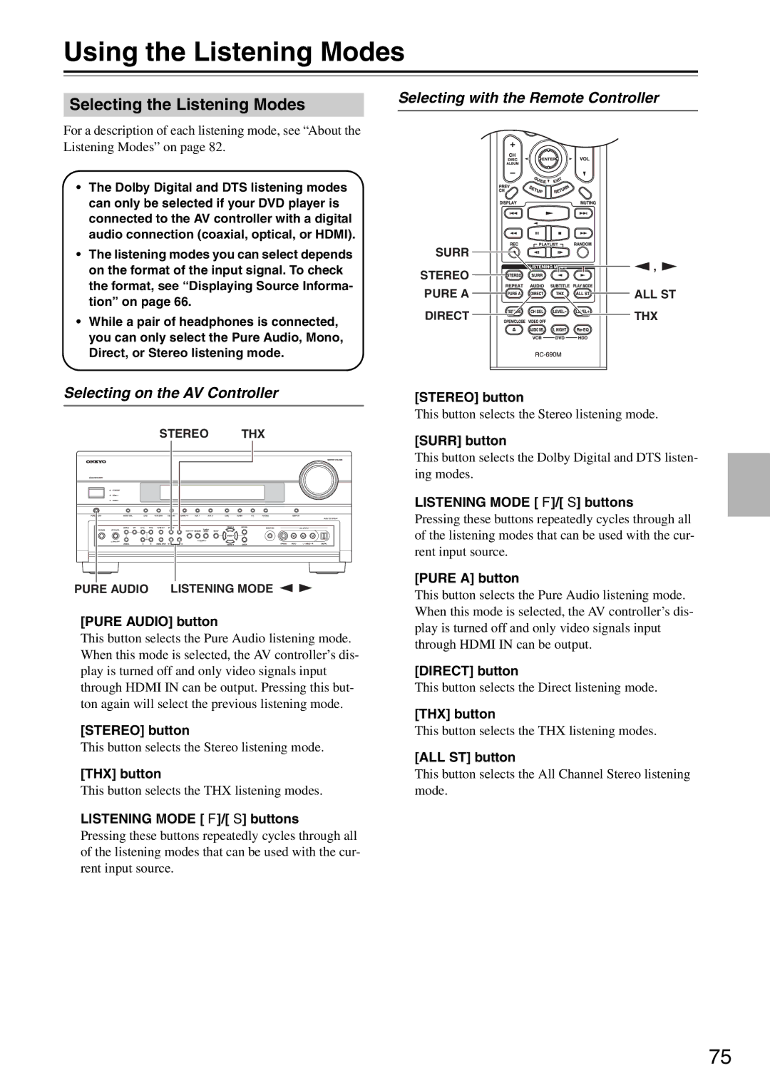 Onkyo PR-SC886 Using the Listening Modes, Selecting the Listening Modes, Selecting with the Remote Controller 