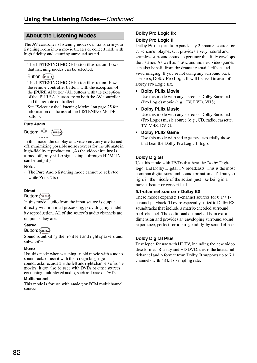 Onkyo PR-SC886 instruction manual About the Listening Modes 