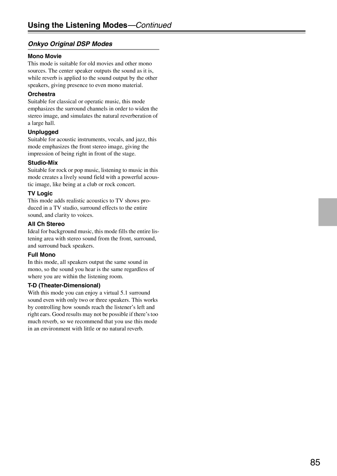 Onkyo PR-SC886 instruction manual Onkyo Original DSP Modes 