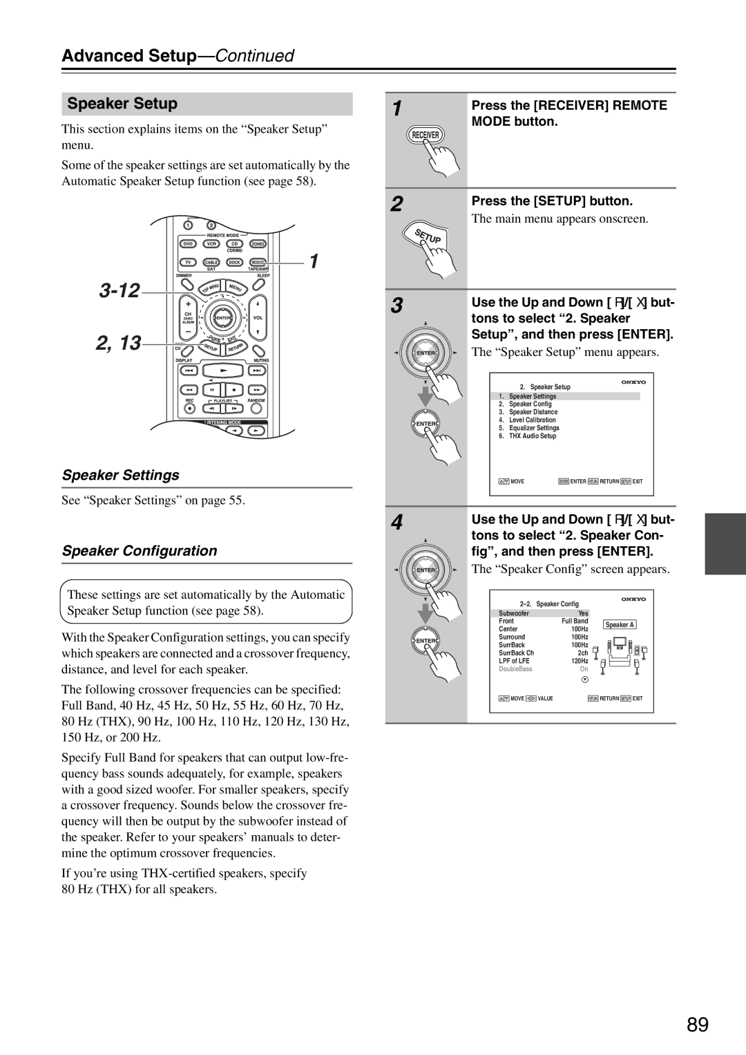 Onkyo PR-SC886 instruction manual Speaker Setup, Speaker Settings 