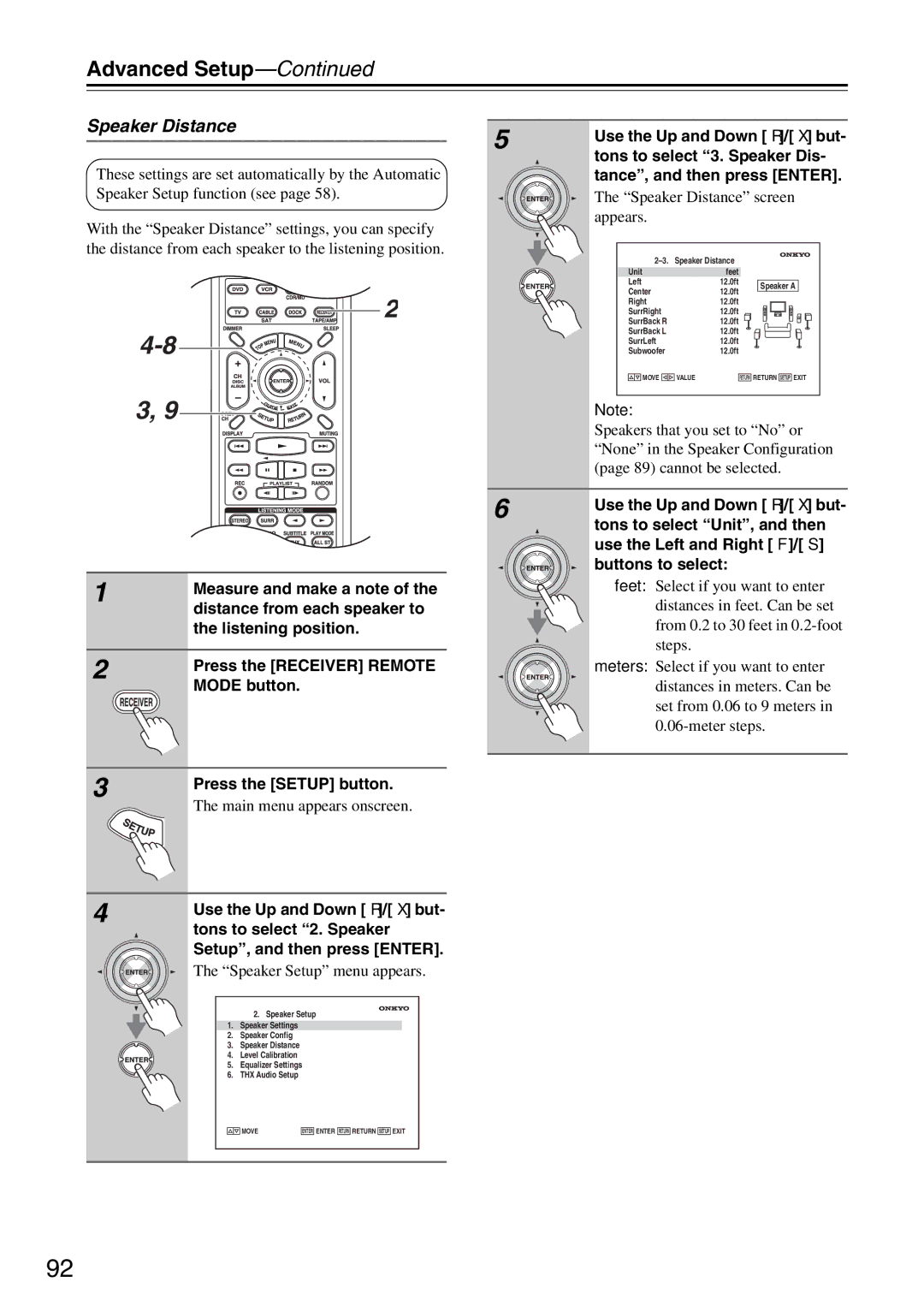 Onkyo PR-SC886 instruction manual Speaker Distance 