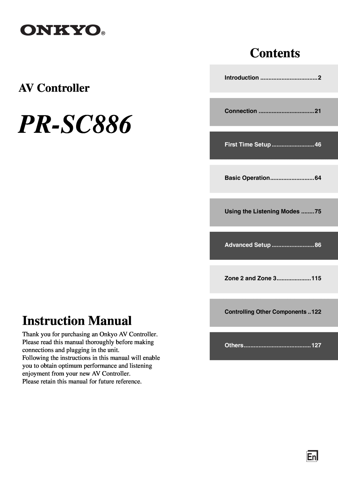 Onkyo PR-SC886 instruction manual Instruction Manual, Contents, AV Controller 