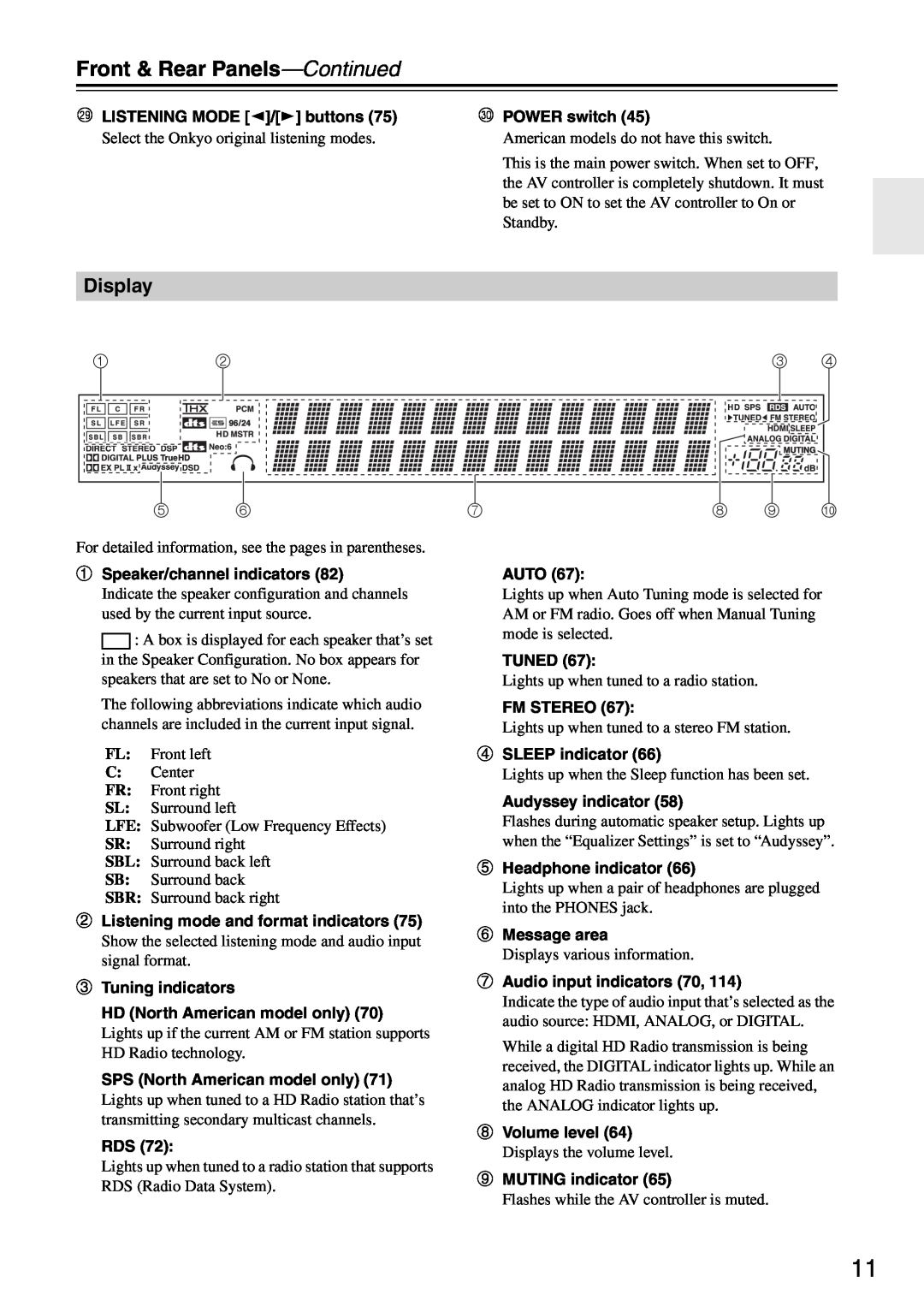 Onkyo PR-SC886 instruction manual Display, Front & Rear Panels—Continued, 8 9 bk 