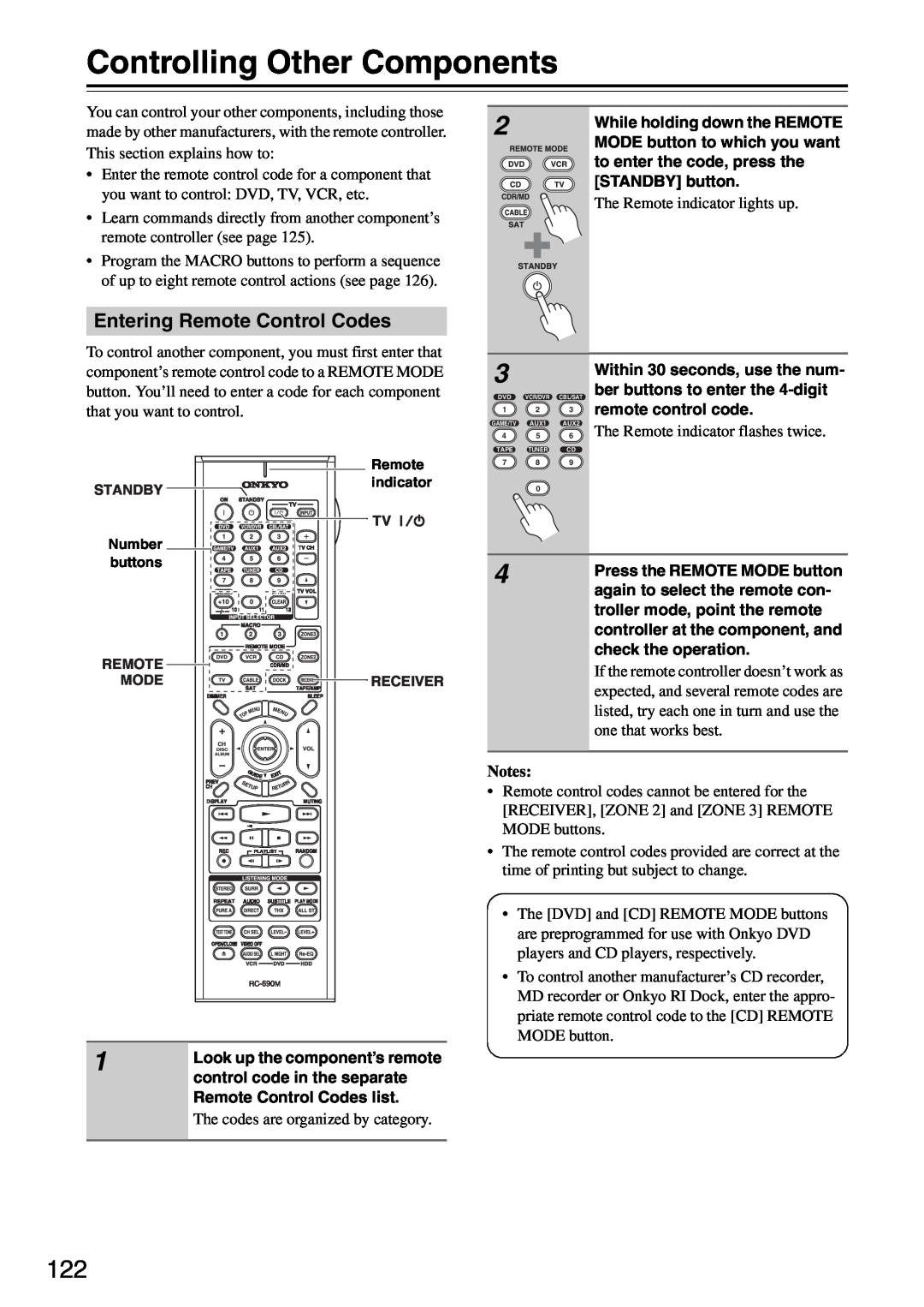 Onkyo PR-SC886 Controlling Other Components, Entering Remote Control Codes, The codes are organized by category, Notes 