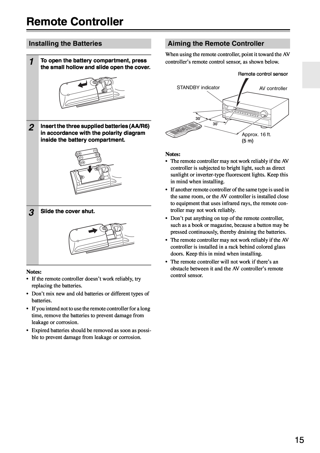 Onkyo PR-SC886 instruction manual Installing the Batteries, Aiming the Remote Controller, Notes 