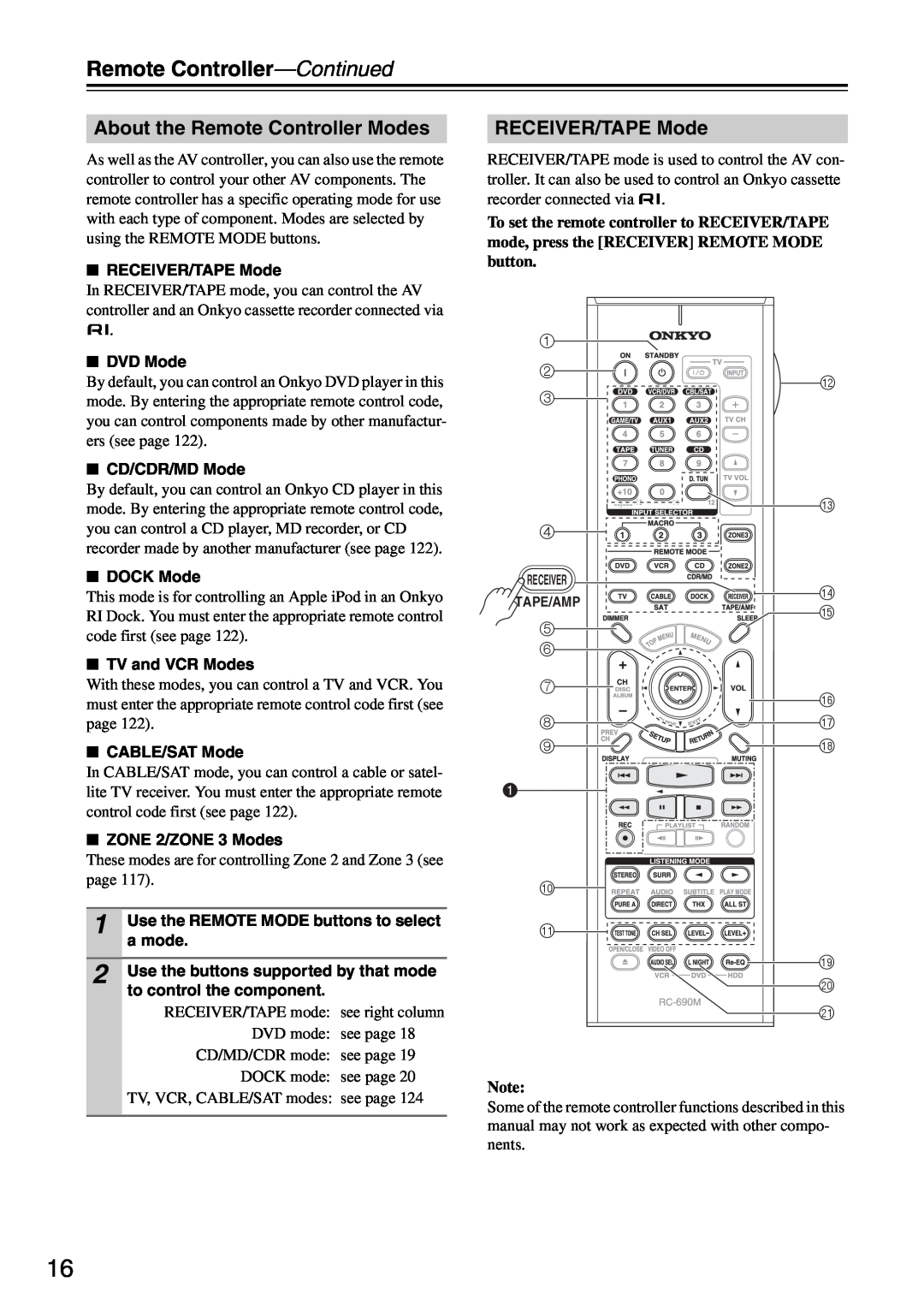 Onkyo PR-SC886 instruction manual Remote Controller—Continued, About the Remote Controller Modes, RECEIVER/TAPE Mode 