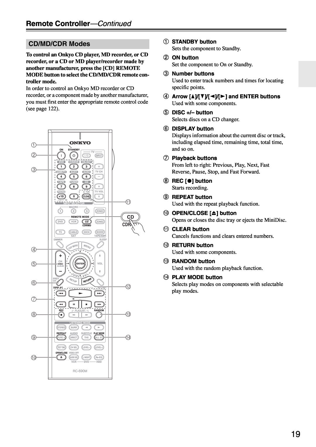 Onkyo PR-SC886 instruction manual CD/MD/CDR Modes, Remote Controller—Continued 