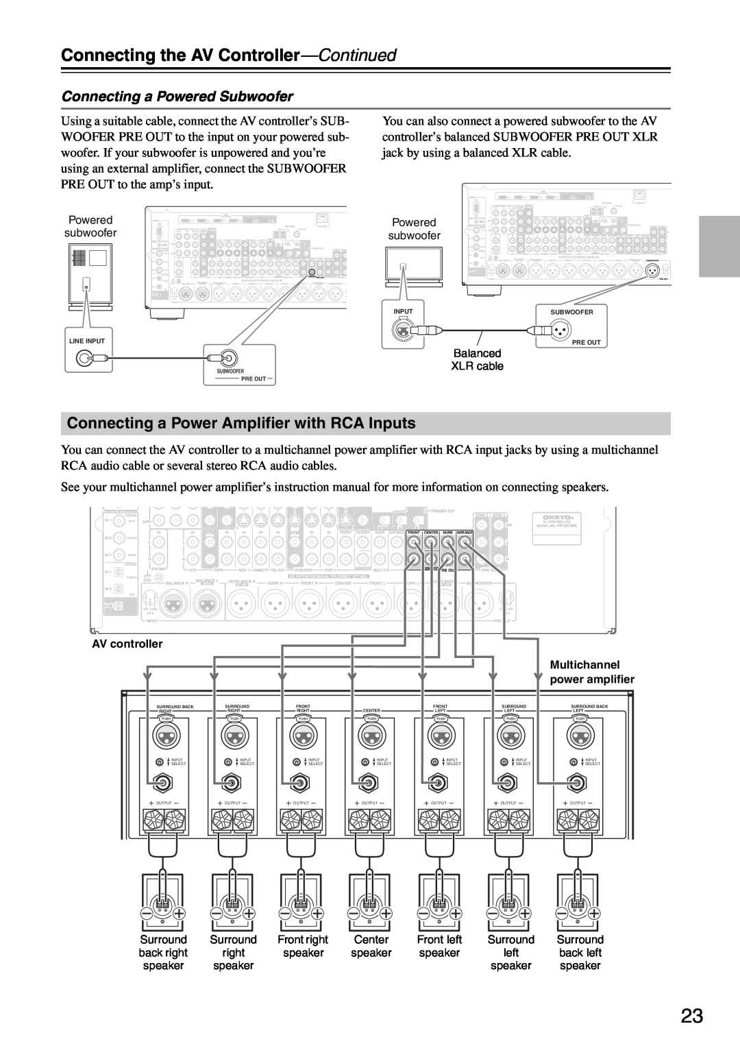 Onkyo PR-SC886 instruction manual Connecting the AV Controller—Continued, Connecting a Power Amplifier with RCA Inputs 