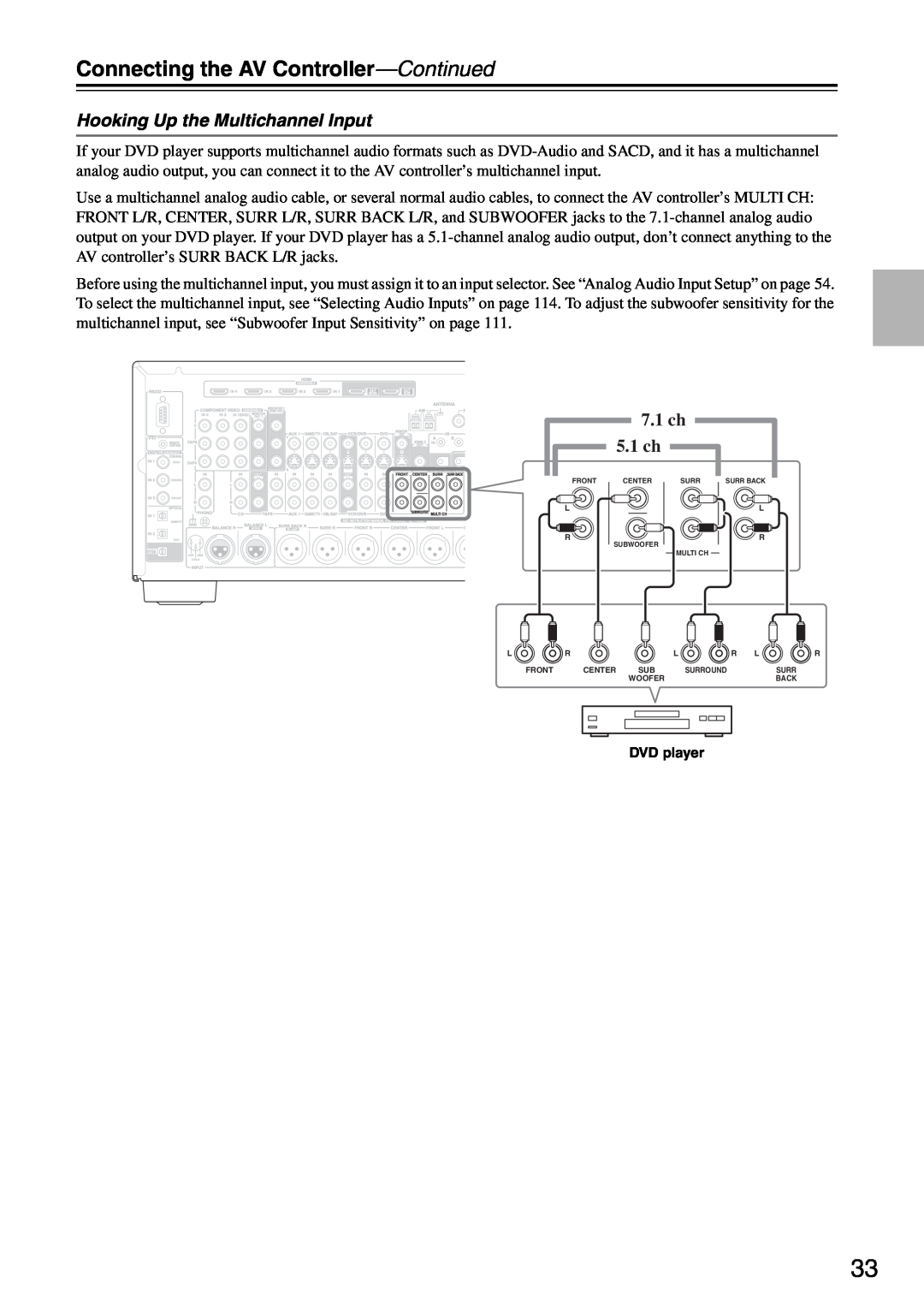 Onkyo PR-SC886 instruction manual Hooking Up the Multichannel Input, 7.1ch 5.1ch, Connecting the AV Controller—Continued 
