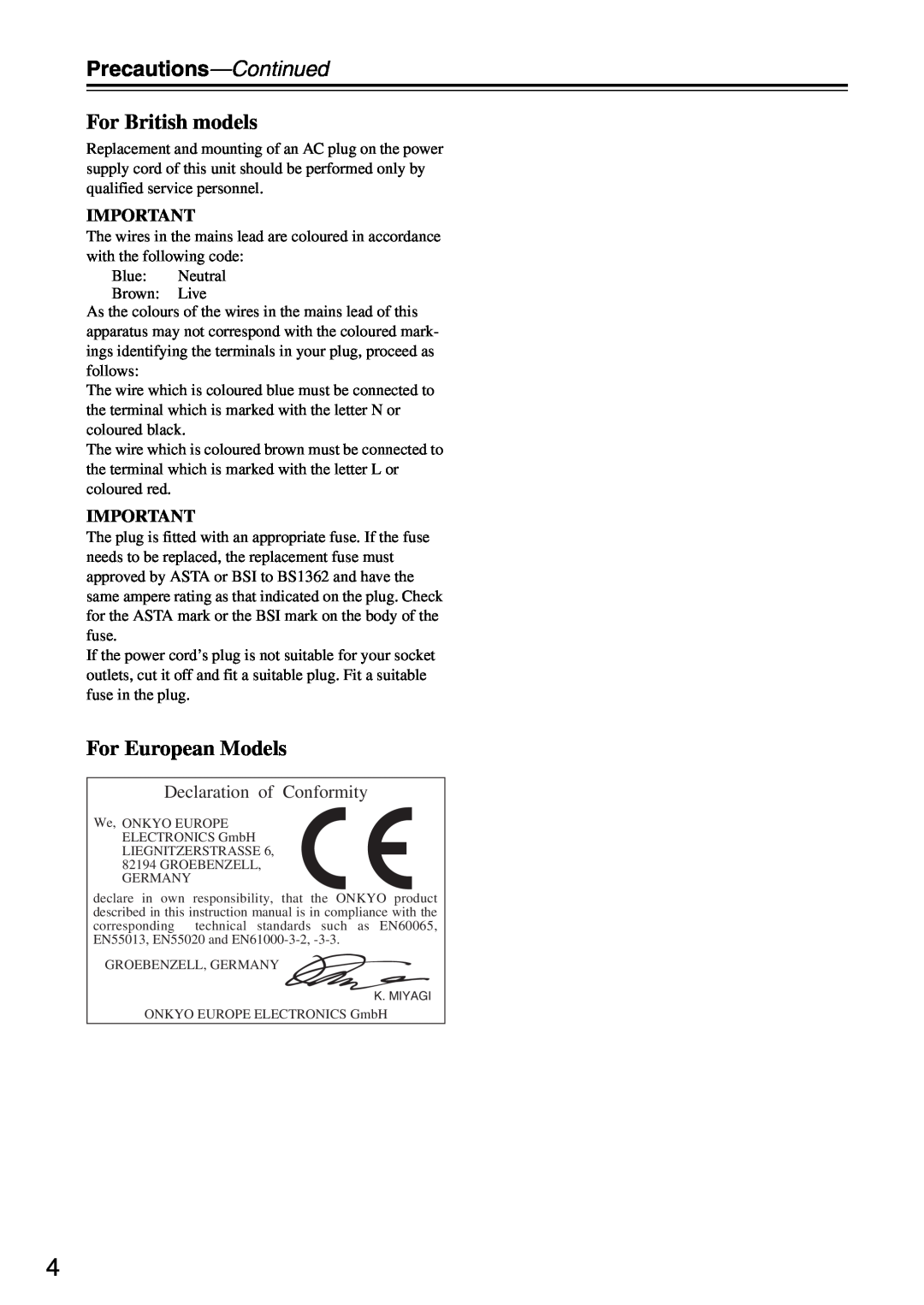 Onkyo PR-SC886 instruction manual Precautions—Continued, For British models, For European Models, Declaration of Conformity 