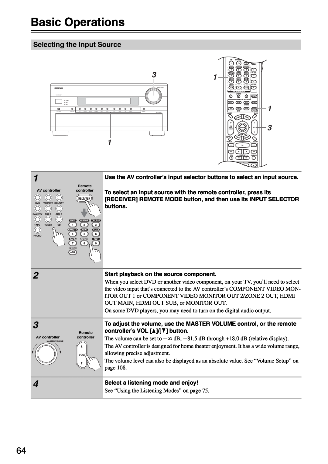 Onkyo PR-SC886 instruction manual Basic Operations, 31 1, Selecting the Input Source 