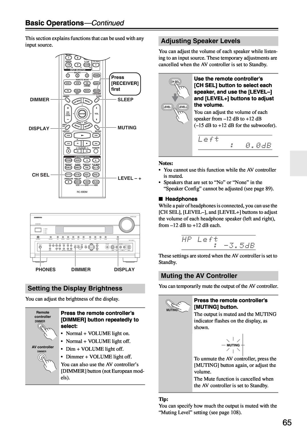Onkyo PR-SC886 Basic Operations—Continued, Setting the Display Brightness, Adjusting Speaker Levels, Notes 