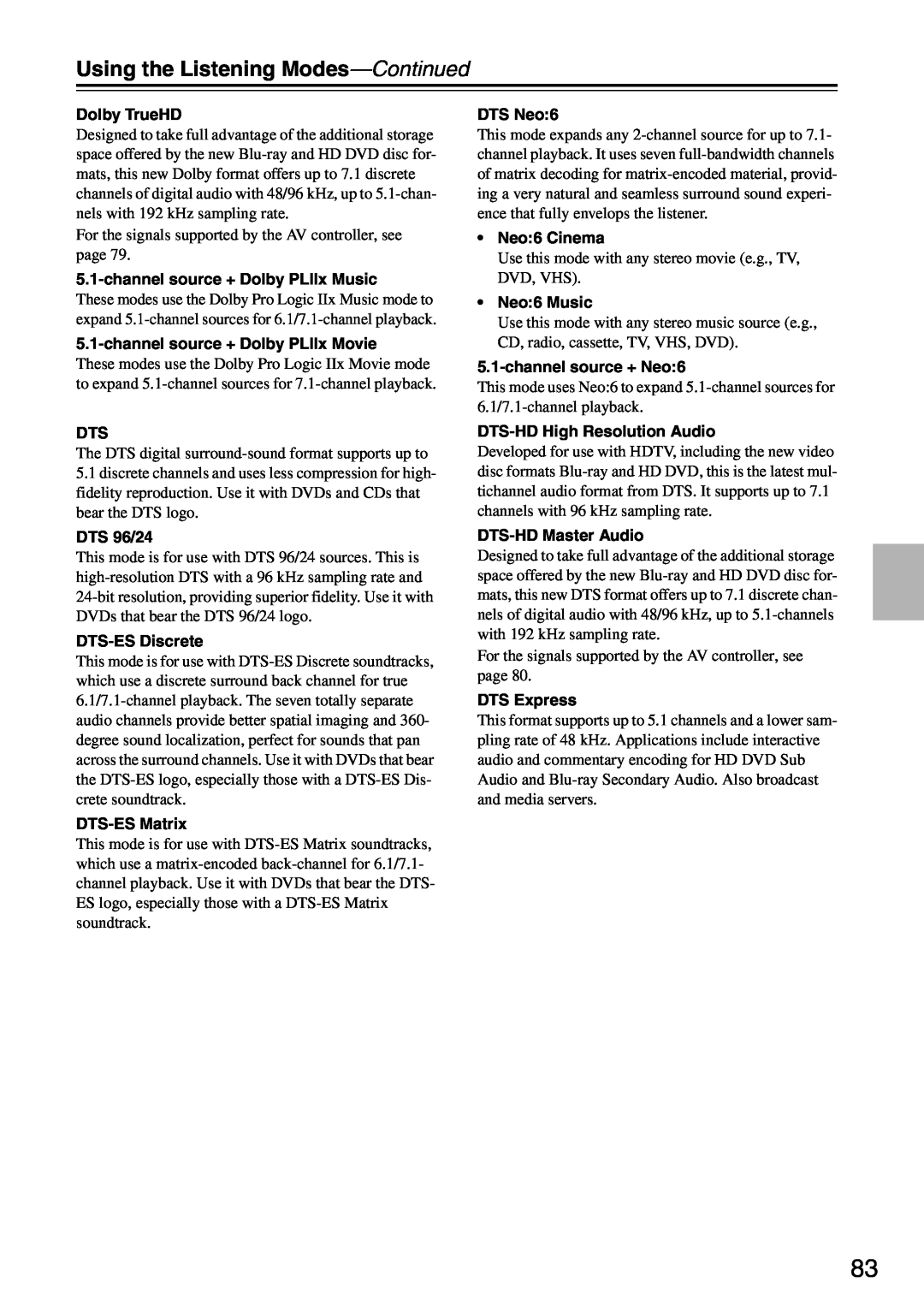Onkyo PR-SC886 instruction manual Using the Listening Modes—Continued, Dolby TrueHD 