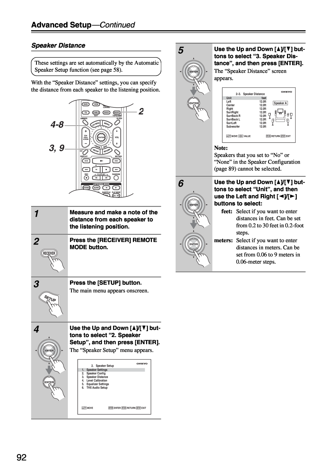 Onkyo PR-SC886 instruction manual Speaker Distance, Advanced Setup—Continued, The main menu appears onscreen 