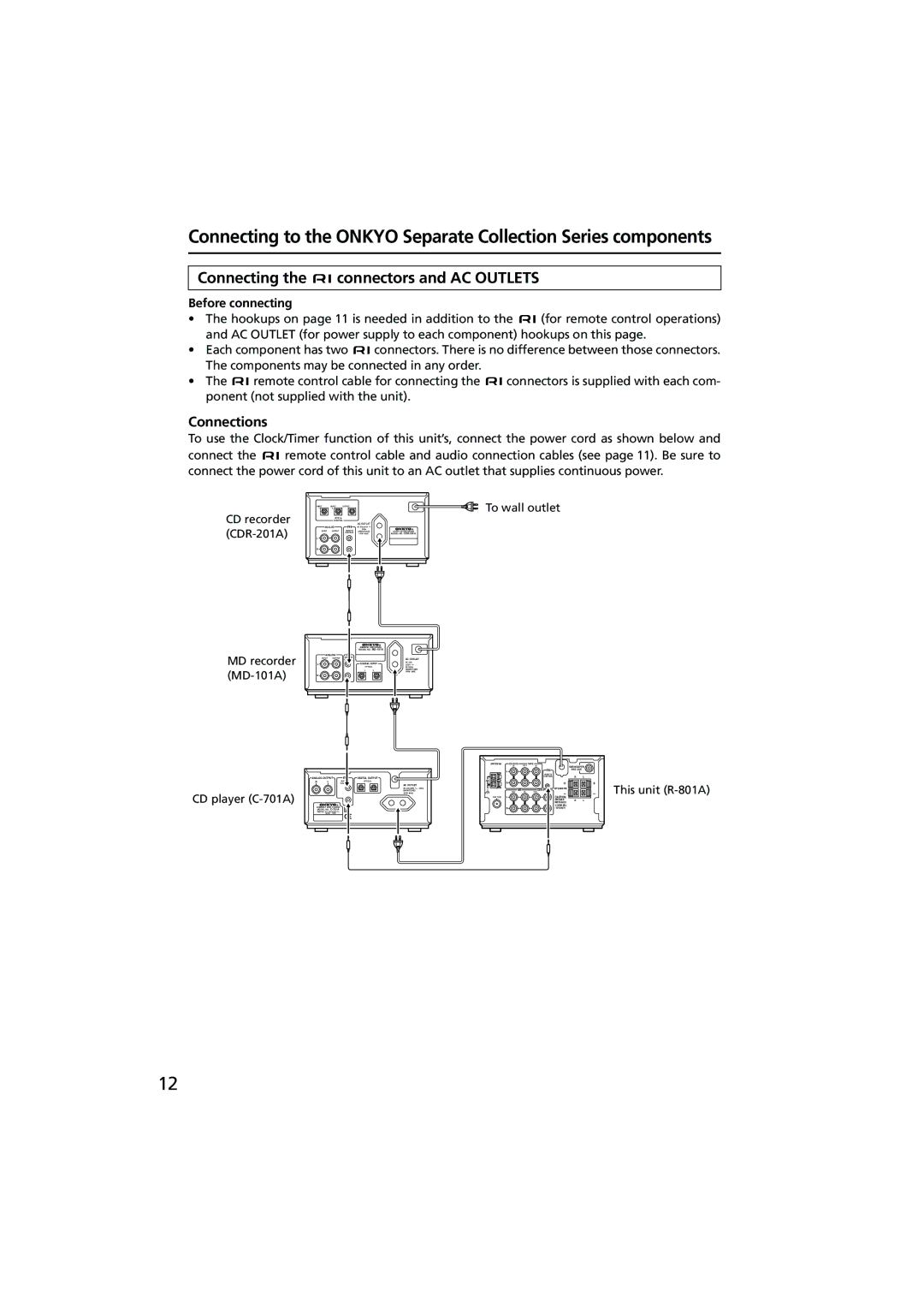 Onkyo R-801A instruction manual Connecting the connectors and AC Outlets, Connections 