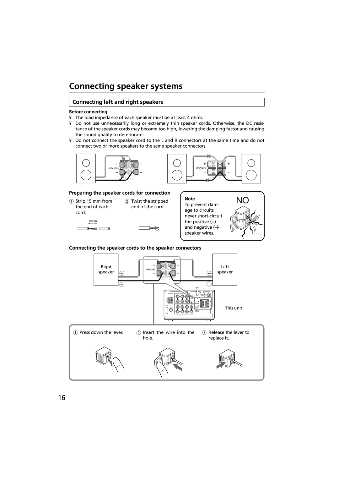 Onkyo R-801A Connecting speaker systems, Connecting left and right speakers, Preparing the speaker cords for connection 