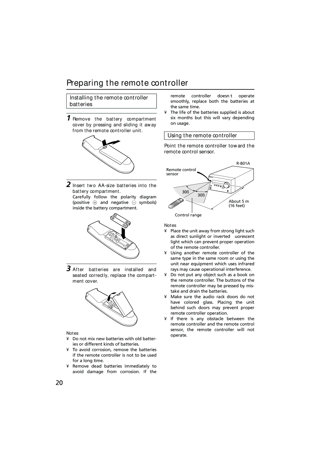 Onkyo R-801A Preparing the remote controller, Installing the remote controller batteries, Using the remote controller 