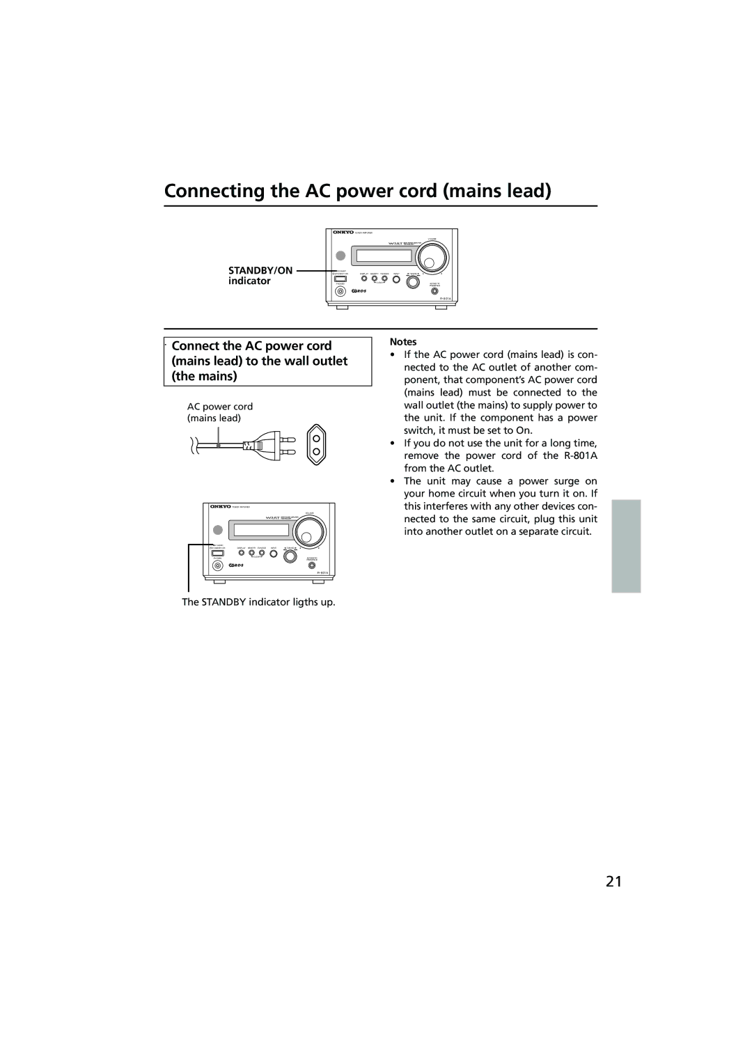 Onkyo R-801A instruction manual Connecting the AC power cord mains lead, STANDBY/ON indicator 