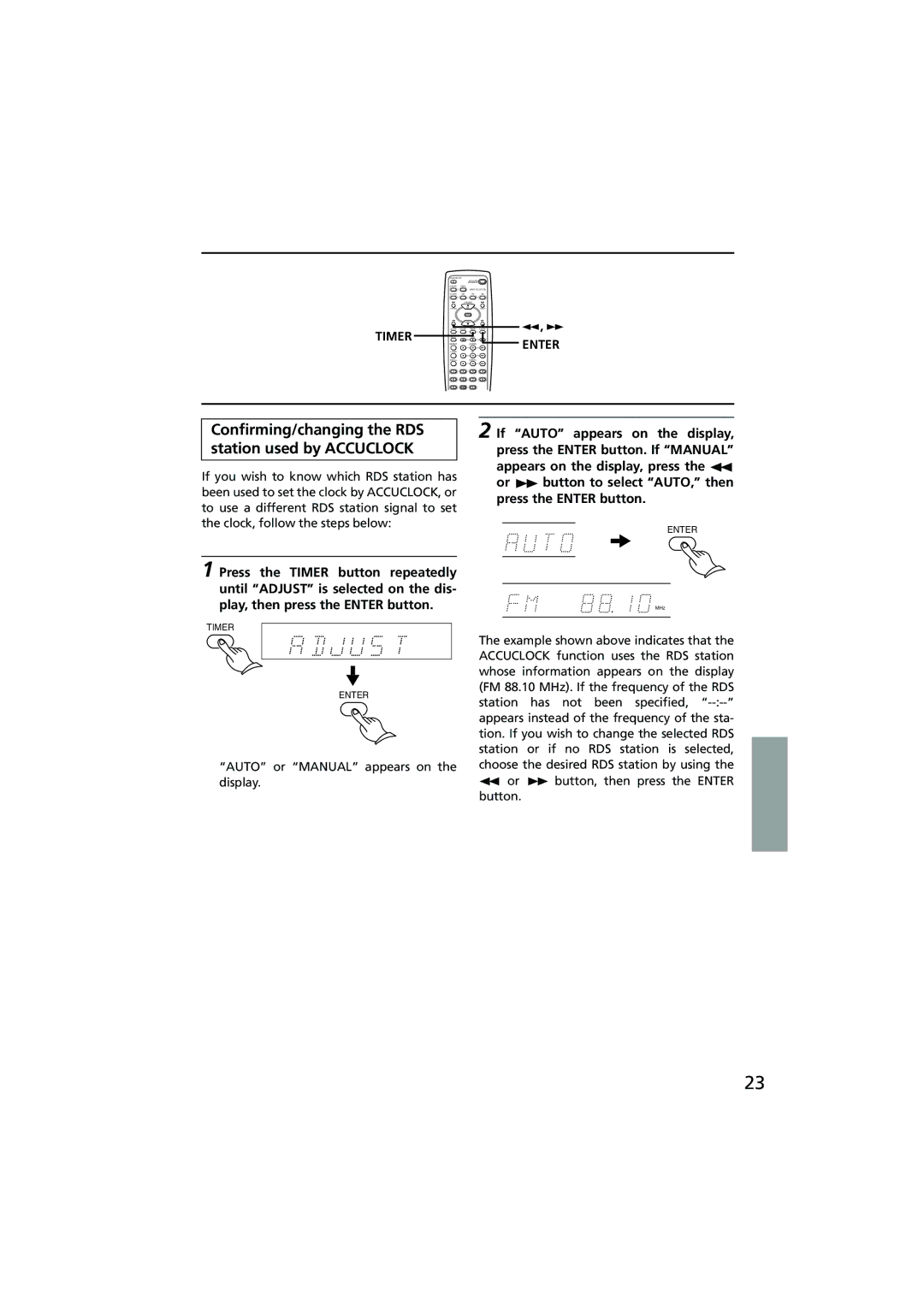 Onkyo R-801A instruction manual Conﬁrming/changing the RDS station used by Accuclock, Timer, Enter 