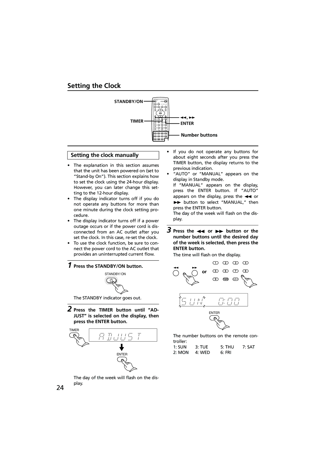 Onkyo R-801A instruction manual Setting the clock manually, Standby/On 