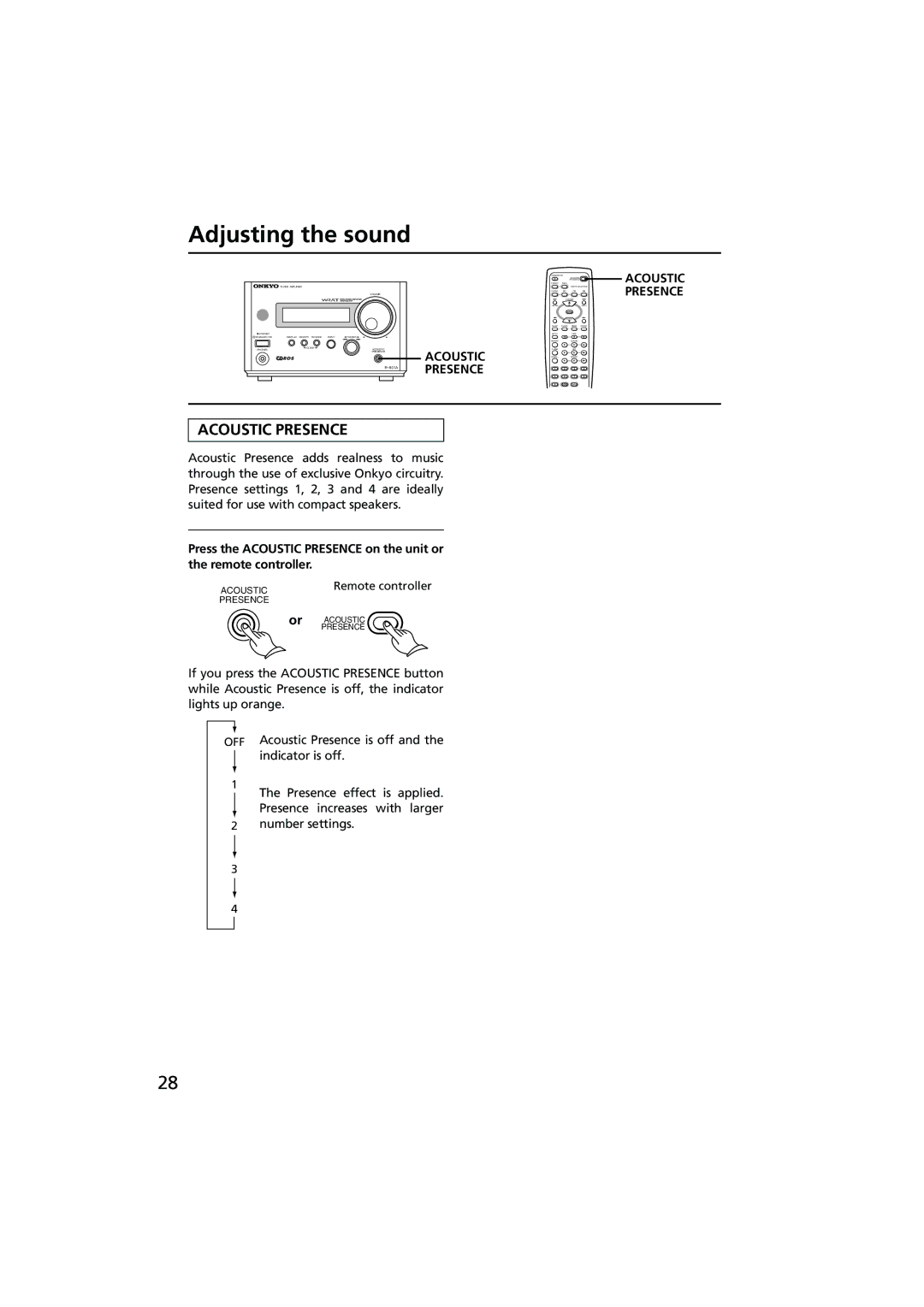 Onkyo R-801A instruction manual Adjusting the sound, Acoustic Presence 