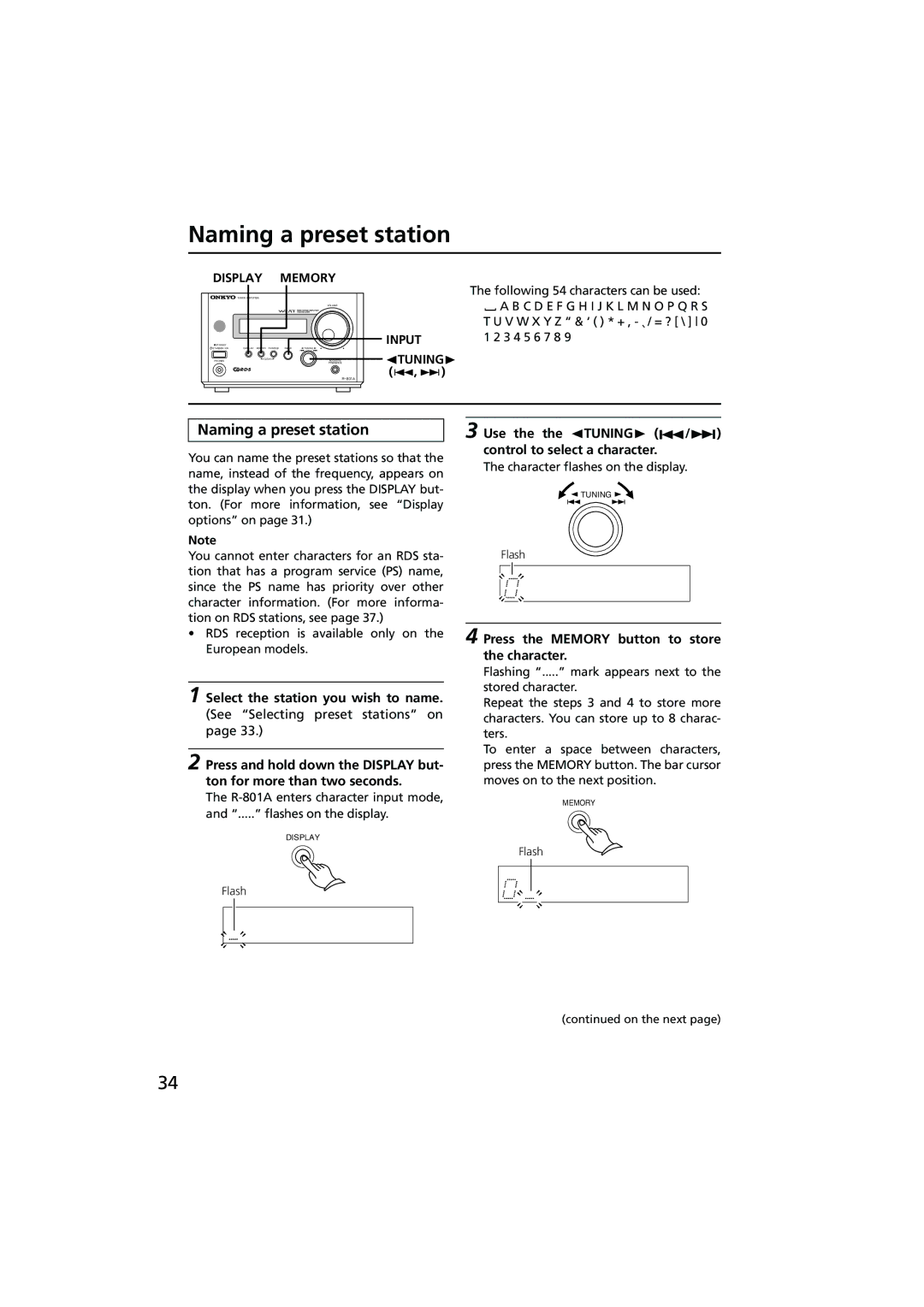 Onkyo R-801A instruction manual Naming a preset station, Display Memory, Input √TUNING 