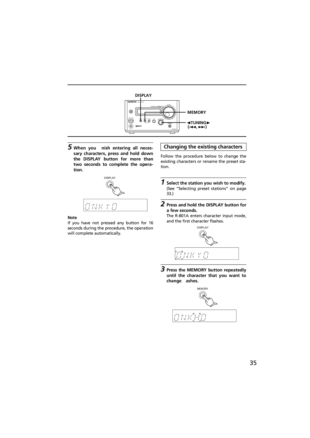 Onkyo R-801A instruction manual Changing the existing characters, Memory √TUNING, Select the station you wish to modify 