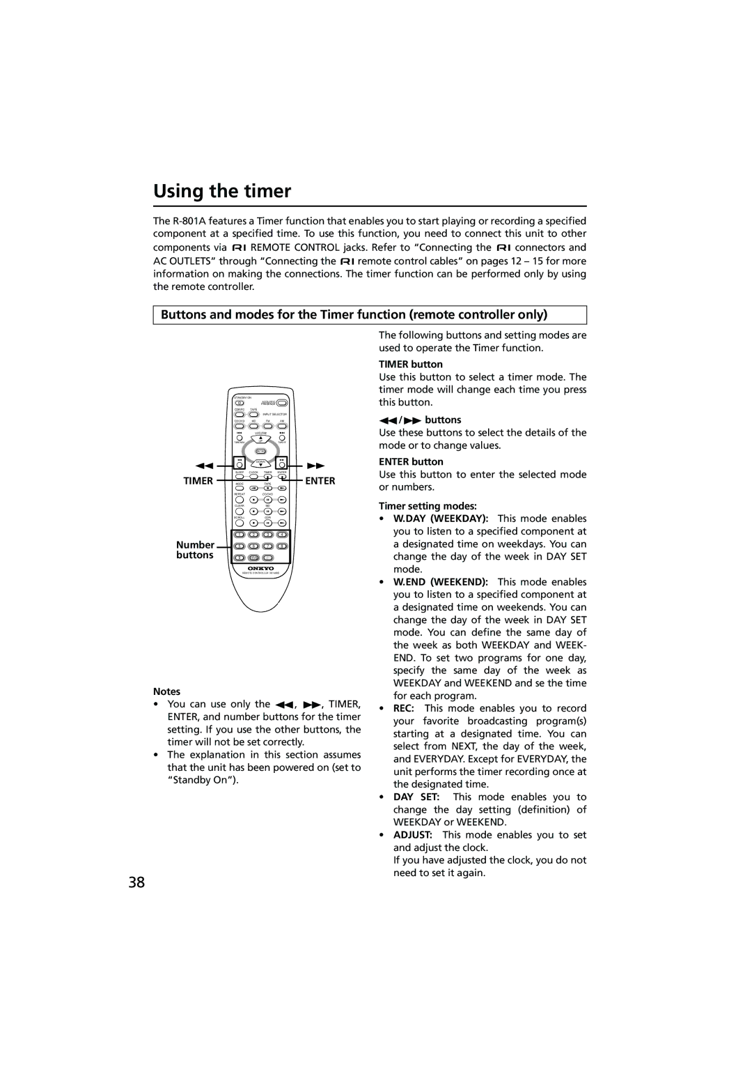 Onkyo R-801A instruction manual Using the timer, Timer button, Buttons, Enter button, Timer setting modes 