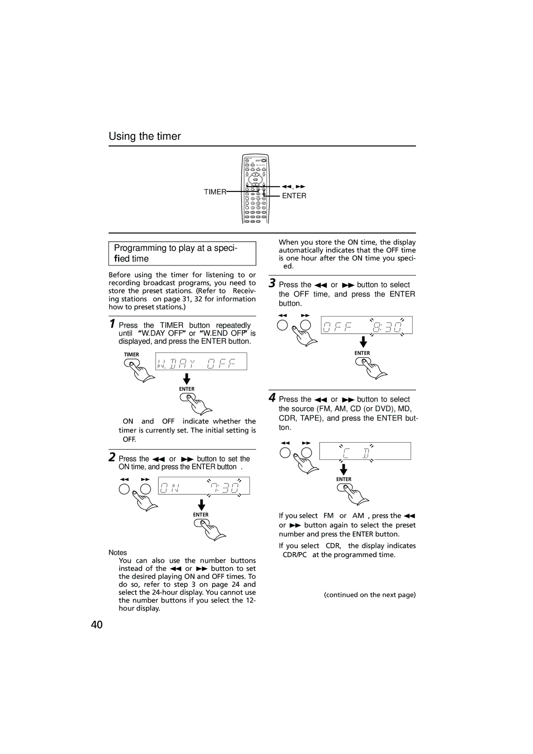 Onkyo R-801A instruction manual Using the timer, Programming to play at a speci- ﬁed time 