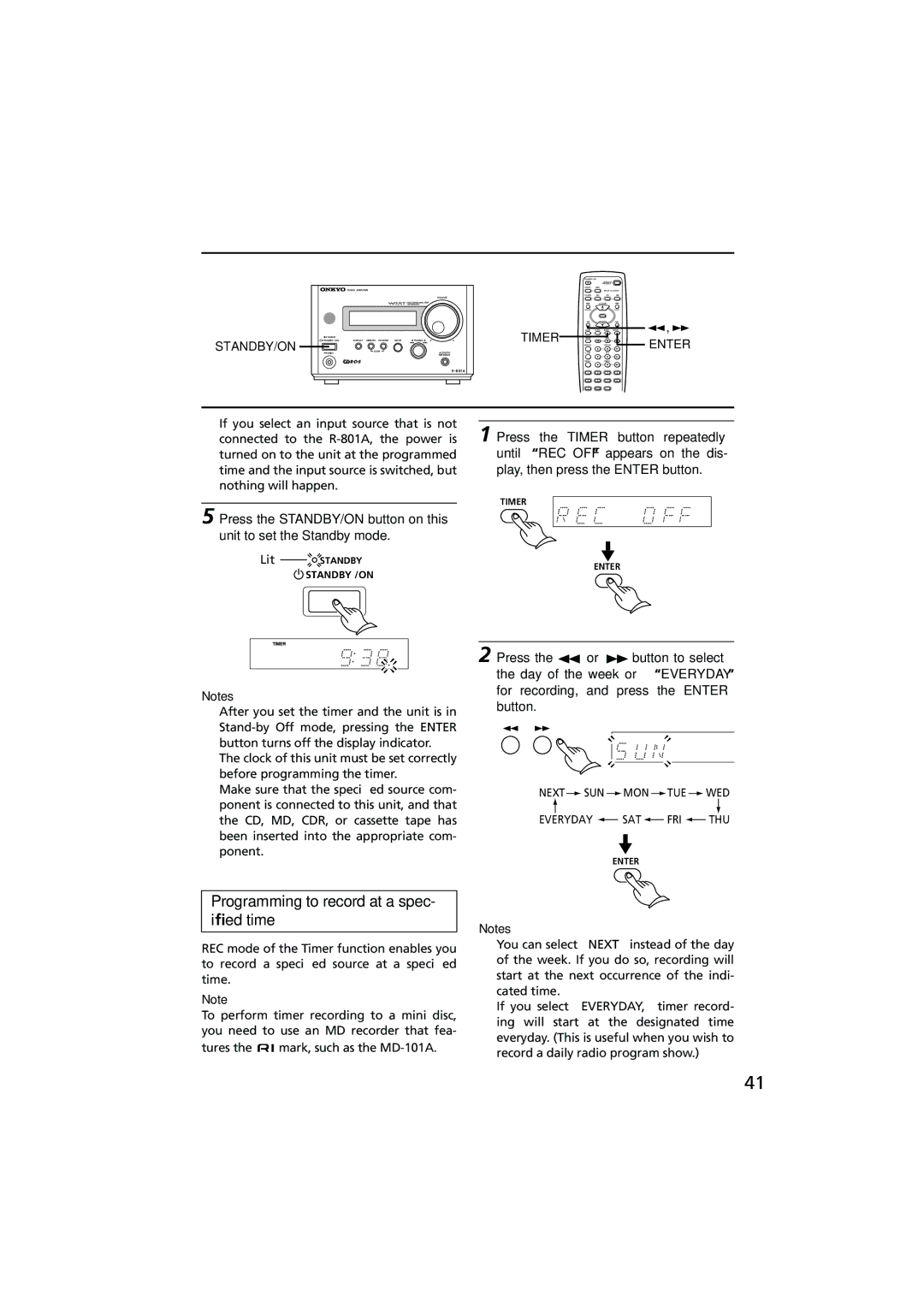 Onkyo R-801A instruction manual Programming to record at a spec- iﬁed time, Standby/On 