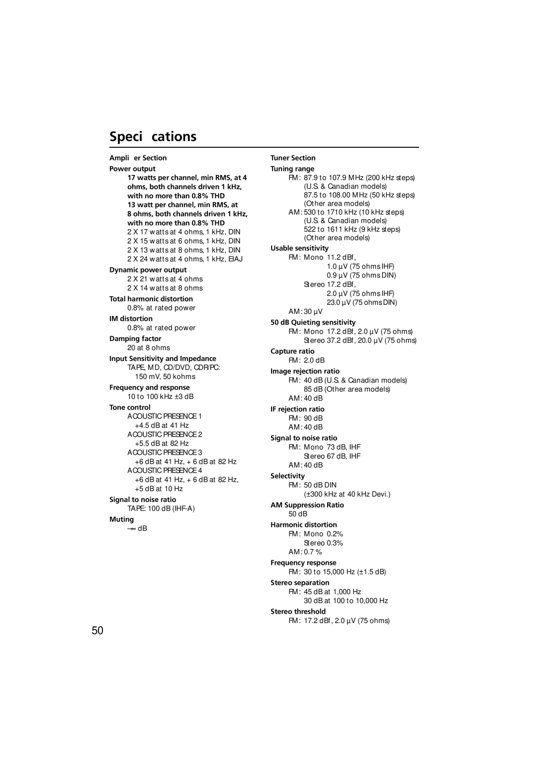 Onkyo R-801A instruction manual Speciﬁcations 