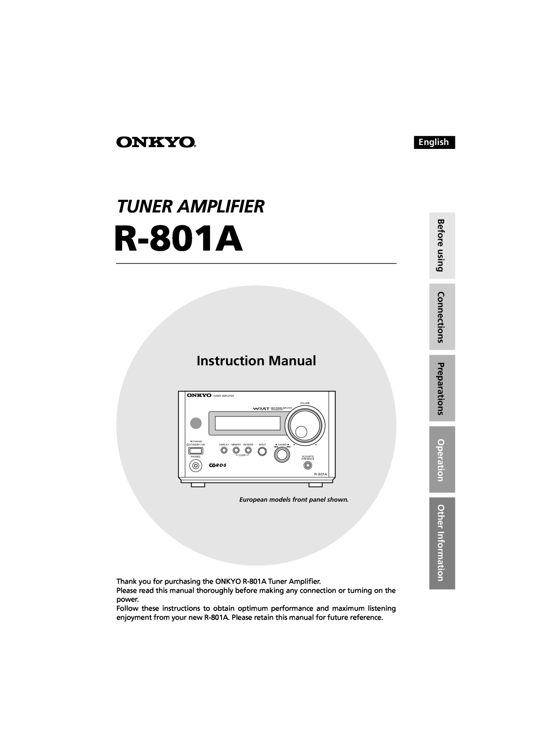 Onkyo R-801A instruction manual Tuner Amplifier, English 